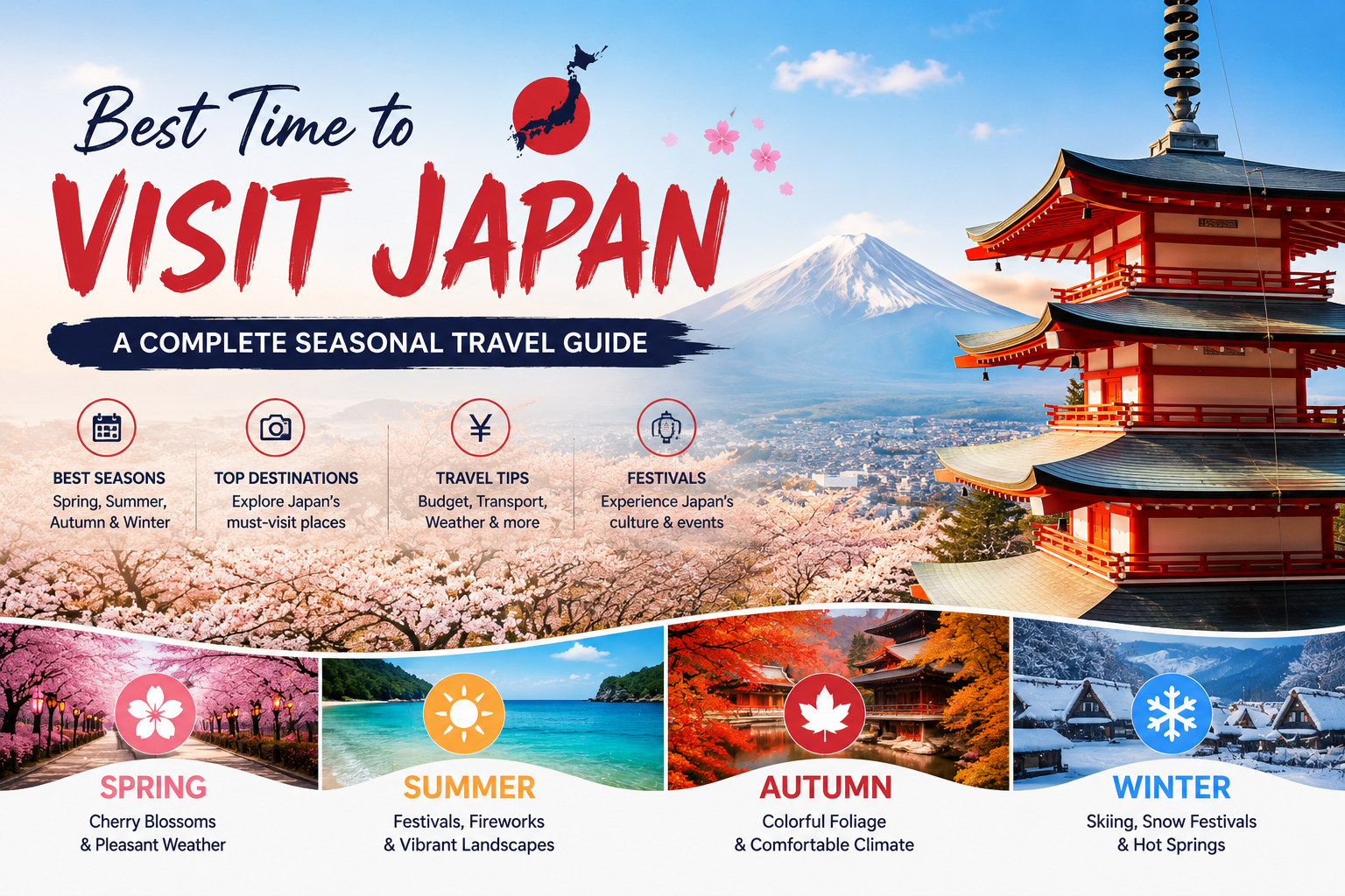 Scenic view of Mount Fuji, cherry blossoms, and a traditional Japanese pagoda representing the best time to visit Japan in every season.