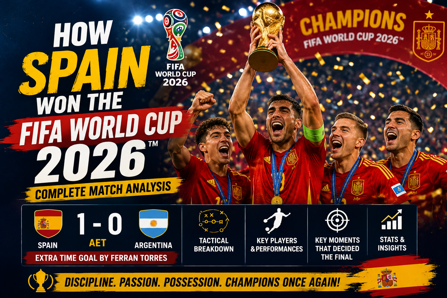 Spain players celebrating after winning the FIFA World Cup 2026 trophy following their victory over Argentina in the final.