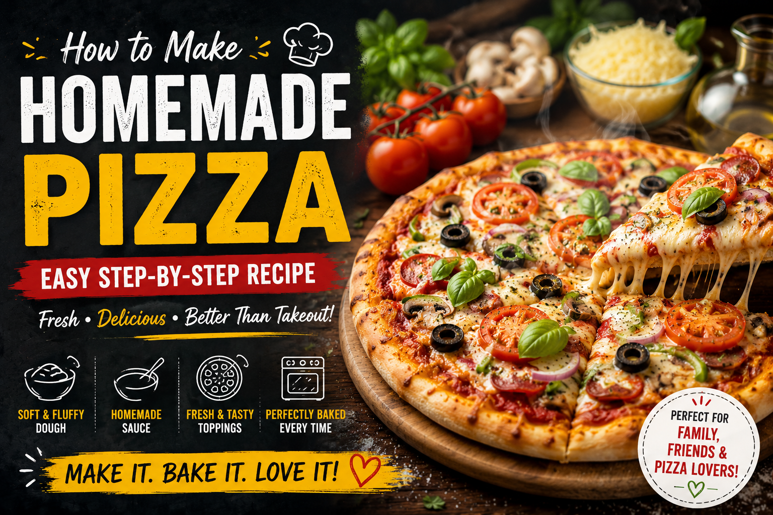 Fresh homemade pizza with melted mozzarella cheese, pepperoni, vegetables, and basil on a wooden board, ready to serve.