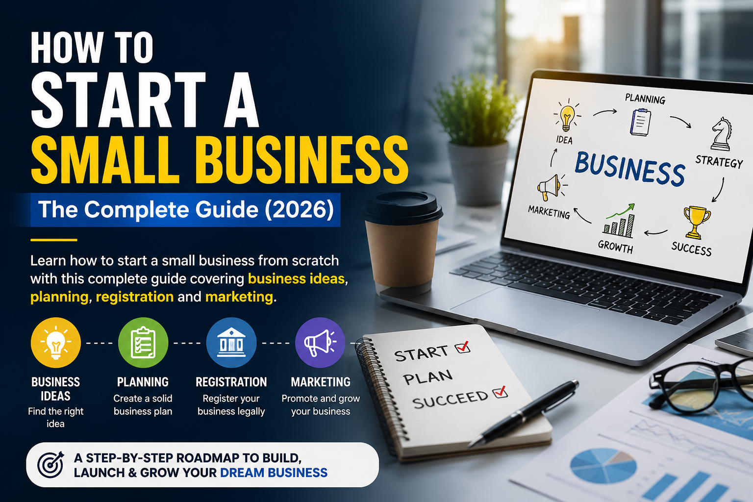 Professional business planning workspace with laptop, marketing strategy, registration checklist, and startup planning for a small business guide.