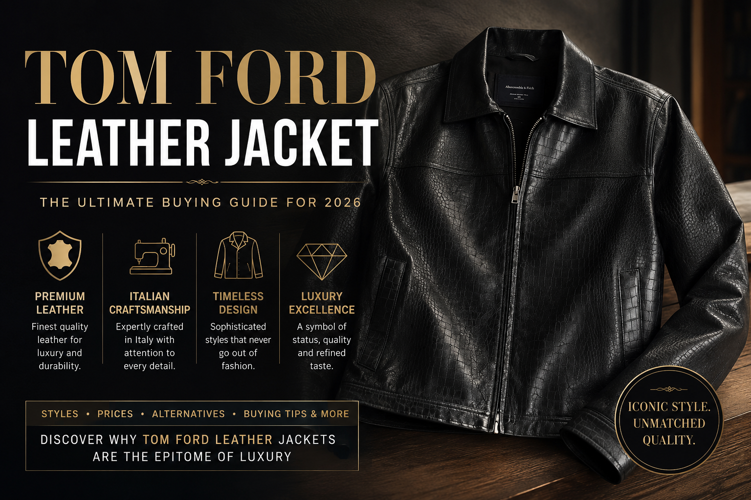 Black Tom Ford leather jacket featured in the ultimate buying guide covering styles, prices, craftsmanship, and luxury fashion trends.