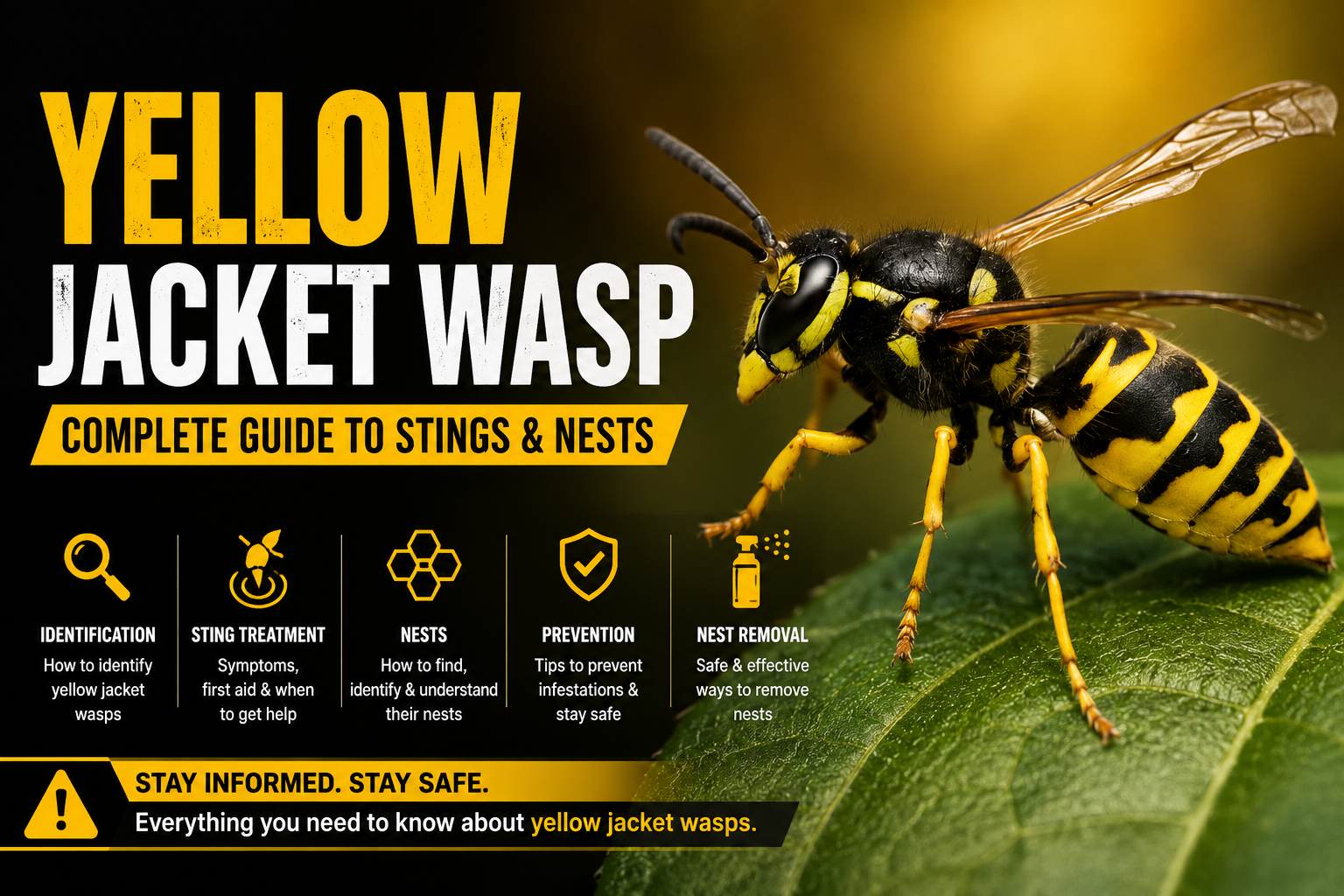 Close-up of a yellow jacket wasp used as the featured image for a guide on identification, sting treatment, nest removal, and prevention.