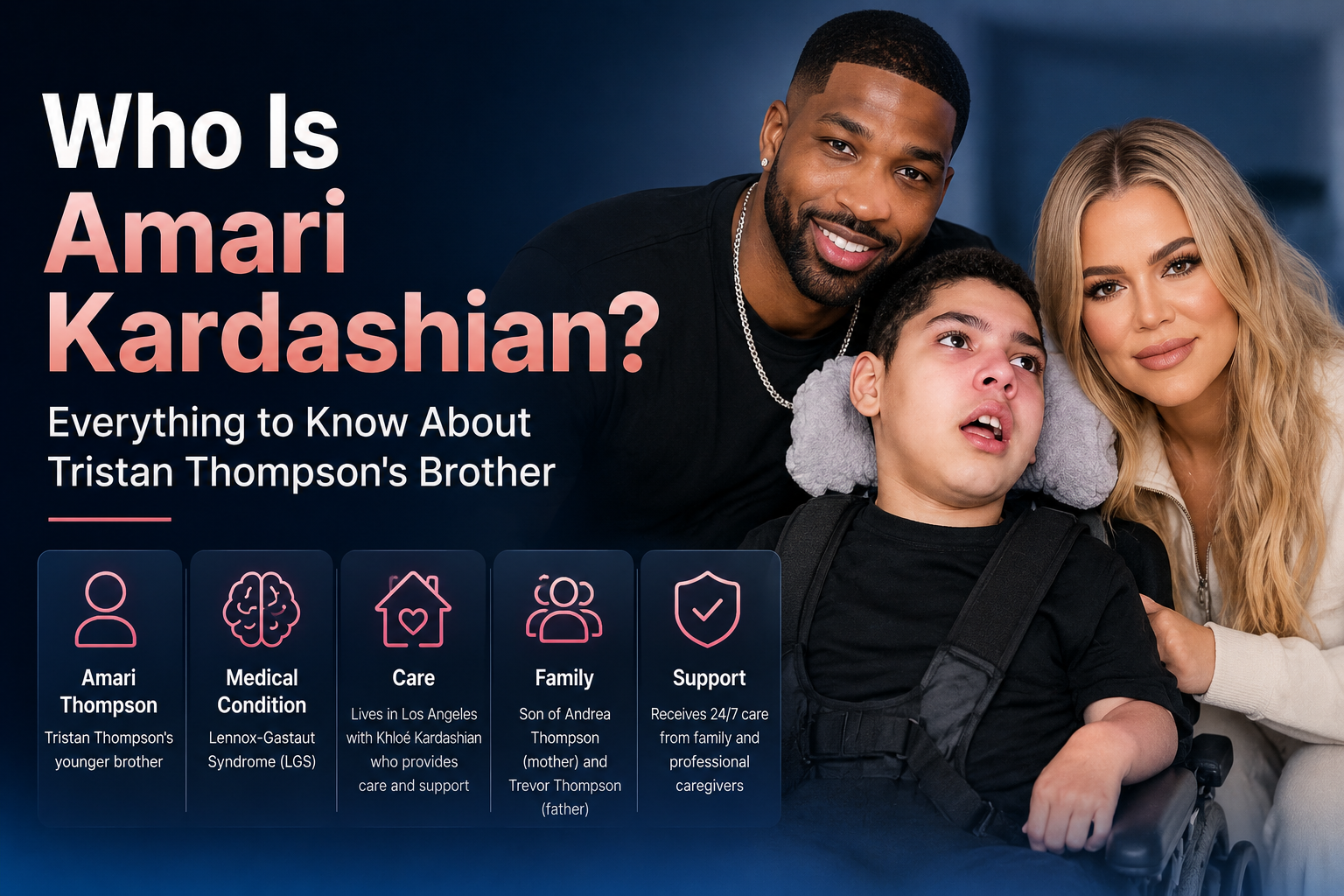 Amari Thompson with Khloé Kardashian and Tristan Thompson, highlighting his family story, disability, and caregiving journey featured on The Kardashians.